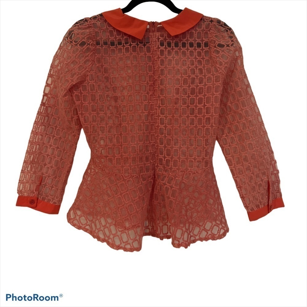 Gracia peach  sheer embroidered collar peplum blouse Sz M
